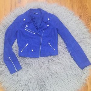 Blue side zip short suede jacket